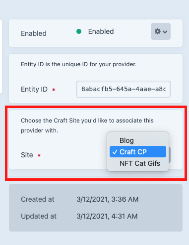Selecting a site in the Craft CMS Backend