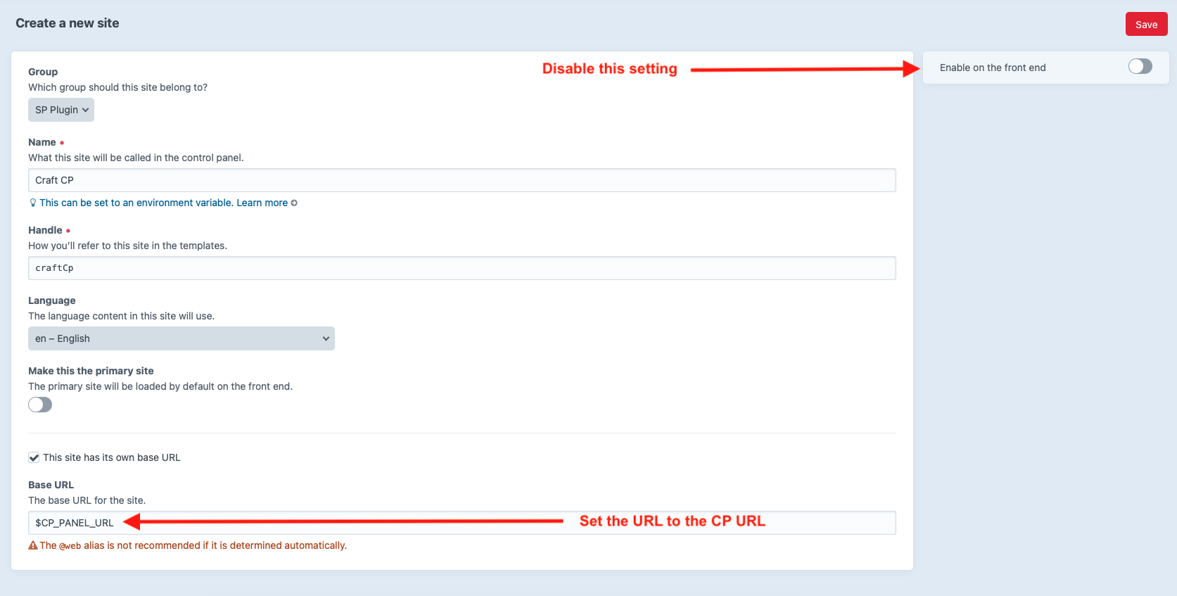 Create a Site for the Control Panel